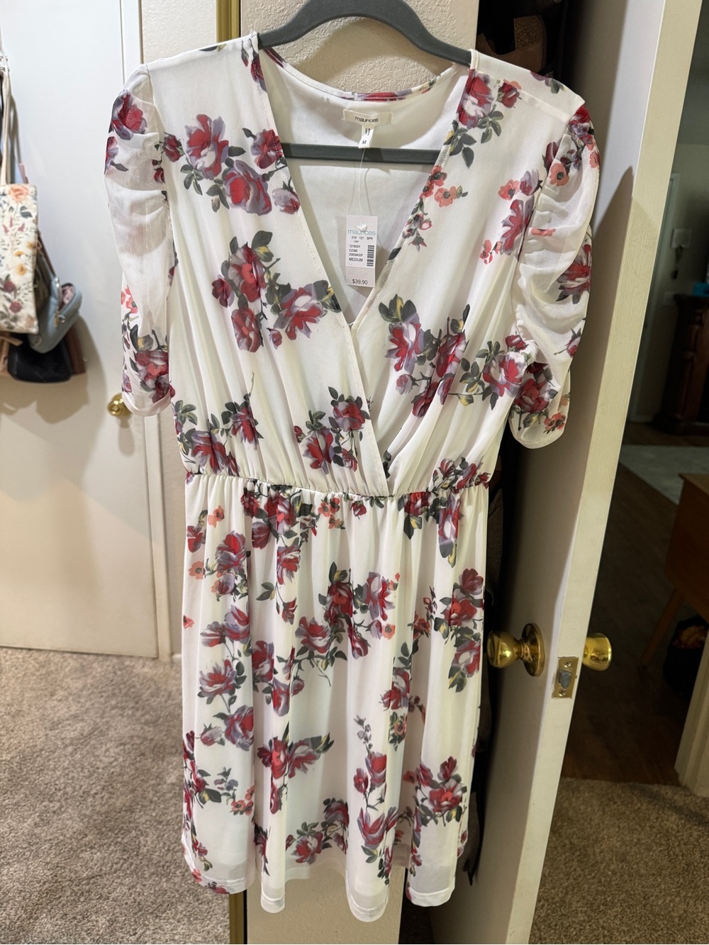 Maurices Women’s White Floral Dress with Red Rose Print
